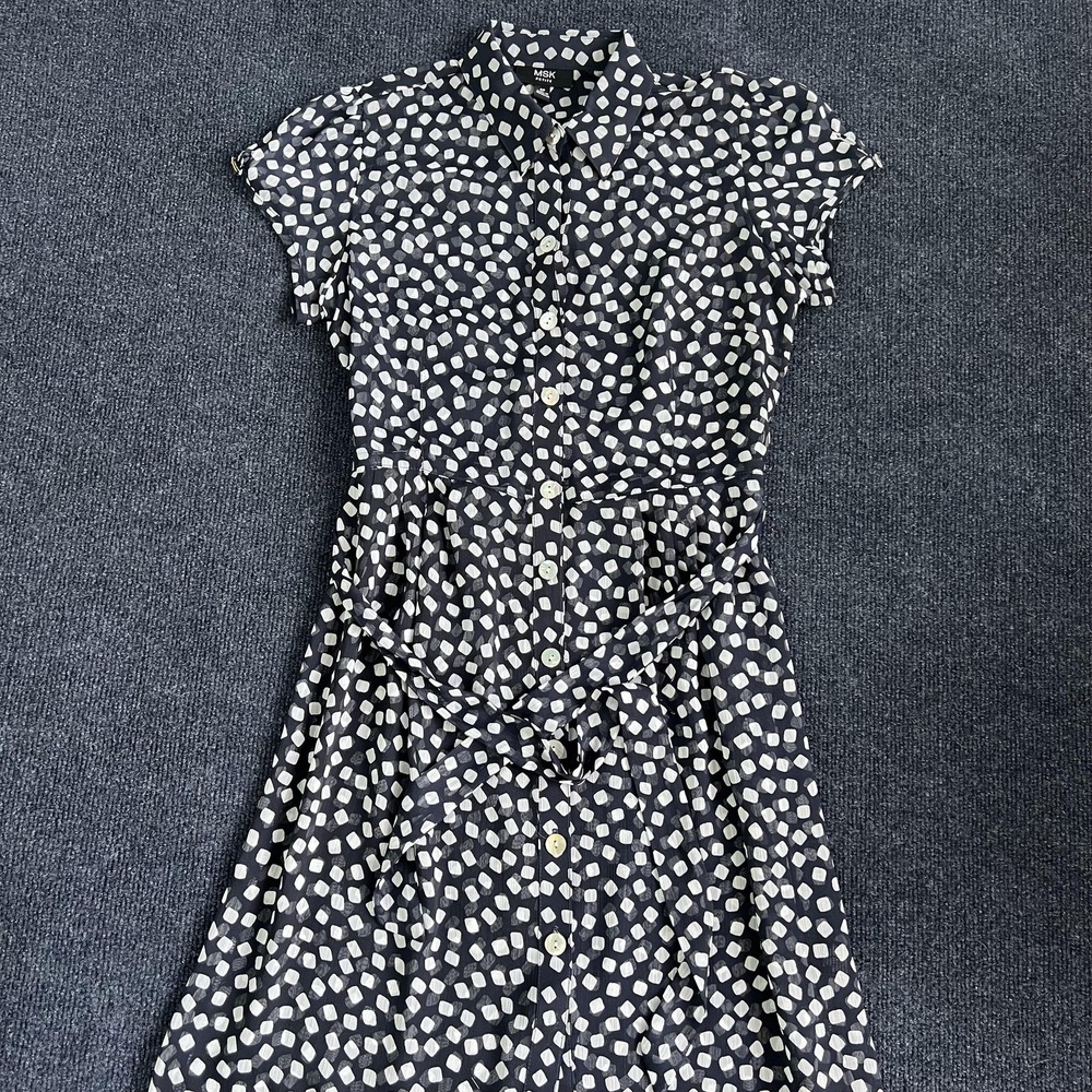 MSK Dress Womens 6P Black Geometric Polka Dot Belted Shirt Knee Length Workwear
